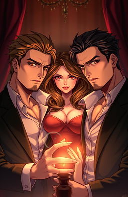 A captivating illustration of a love triangle featuring two handsome males and one beautiful female