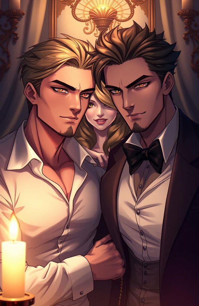 A captivating illustration of a love triangle featuring two handsome males and one beautiful female