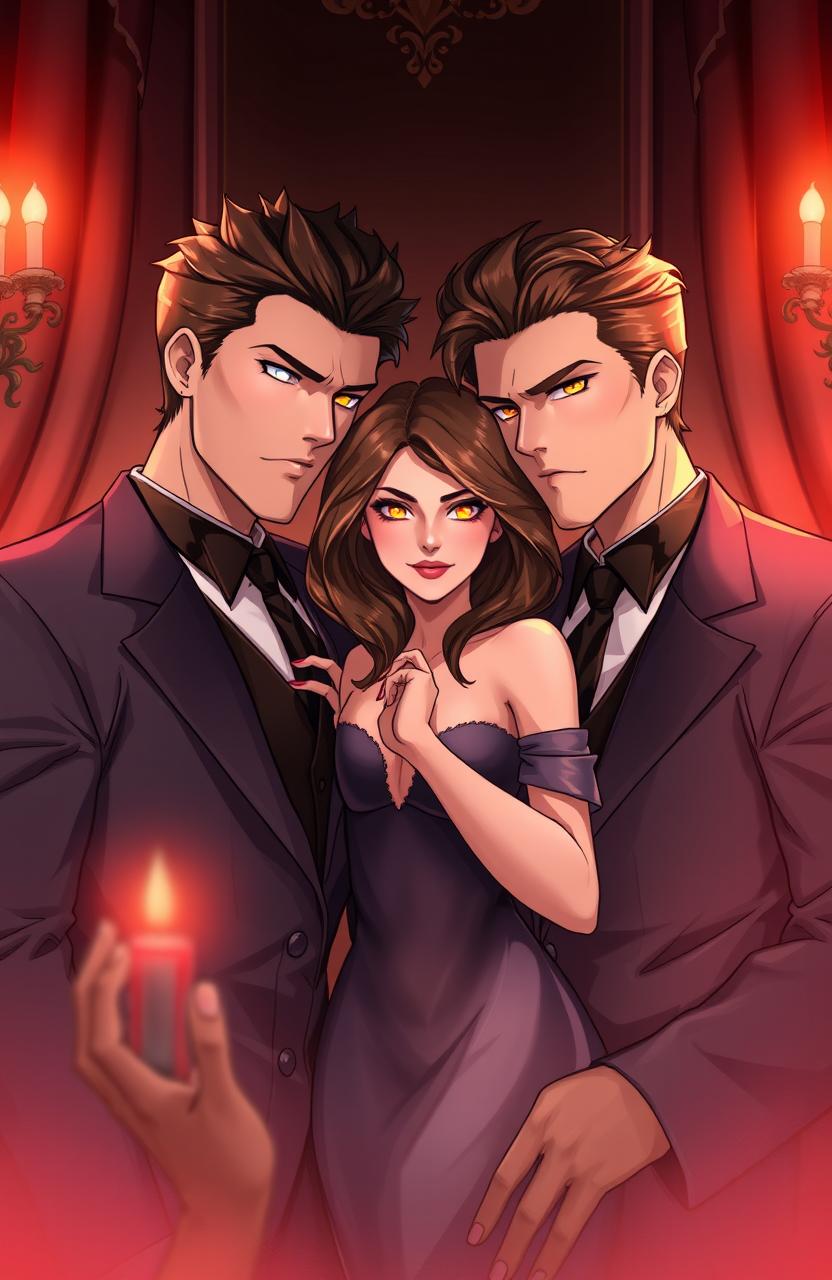 A captivating illustration of a love triangle featuring two handsome males and one beautiful female