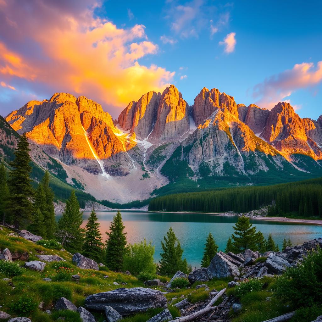 A majestic mountain landscape at sunset, featuring rugged peaks bathed in warm golden light