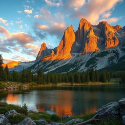 A majestic mountain landscape at sunset, featuring rugged peaks bathed in warm golden light