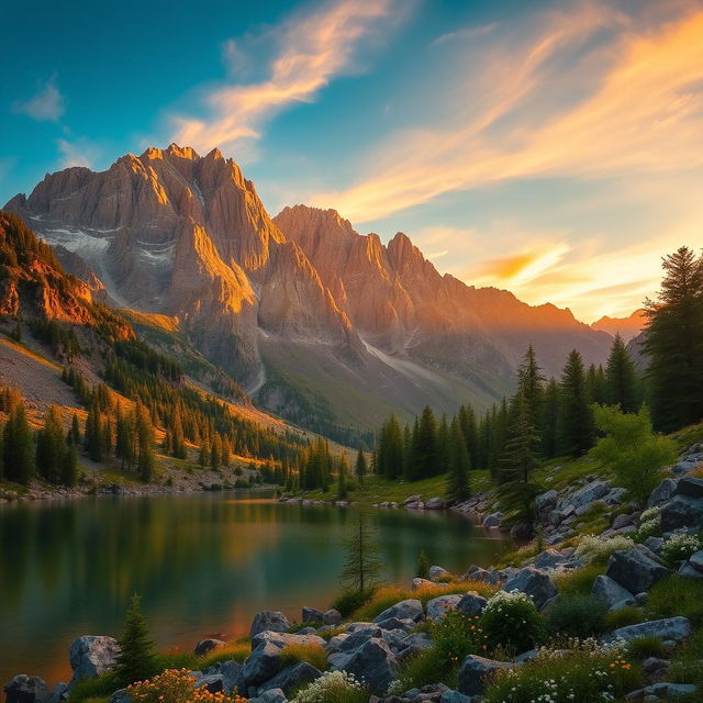 A majestic mountain landscape at sunset, featuring rugged peaks bathed in warm golden light