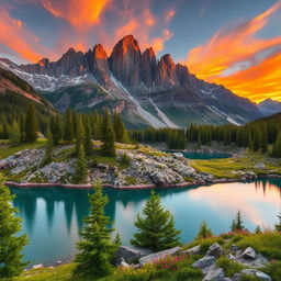 A majestic mountain landscape at sunset, featuring rugged peaks bathed in warm golden light