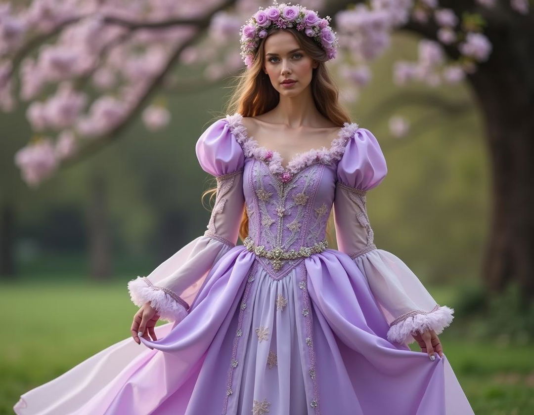 A stunning lilac spring-themed medieval gown designed for a princess, featuring a fitted bodice adorned with intricate floral embroidery and delicate lace detailing