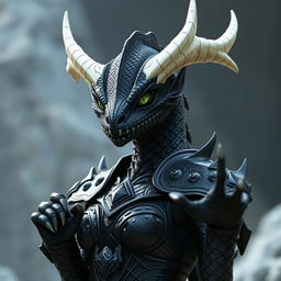 A female black dragonborn character, exclusively reptilian without any human features