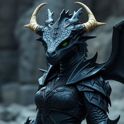 A female black dragonborn character, exclusively reptilian without any human features