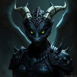 A female black dragonborn from Dungeons & Dragons 5