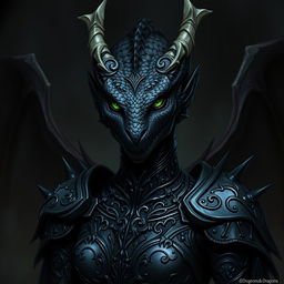A female black dragonborn from Dungeons & Dragons 5