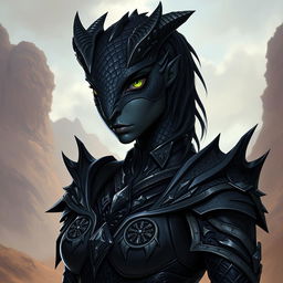 A female black dragonborn character from Dungeons & Dragons 5