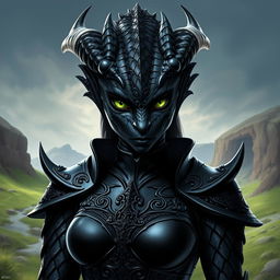 A female black dragonborn character from Dungeons & Dragons 5