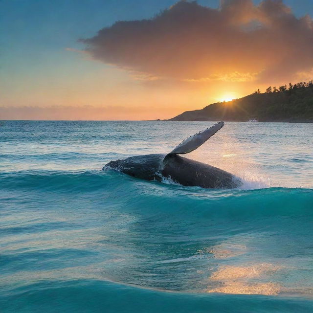 The serene beach vista now includes an awe-inspiring sight: a majestic whale breaks the surface of the turquoise waters close to the shore under the radiant sunset