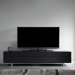 A modern TV unit with sleek lines and matte black finishes. Include shelves filled with various books and trinkets, and a large flat-screen TV mounted in the center.