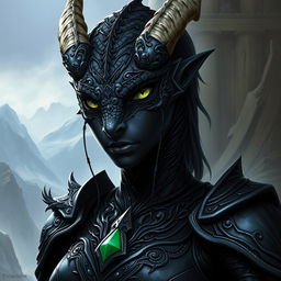 A female black dragonborn character from Dungeons & Dragons 5