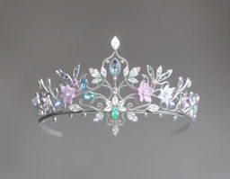 An exquisite tiara designed for a fae princess, crafted from shimmering silver filigree that intricately weaves around delicate motifs of leaves and flowers