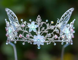 An exquisite tiara designed for a fae princess, crafted from shimmering silver filigree that intricately weaves around delicate motifs of leaves and flowers