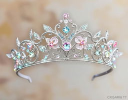An exquisite tiara designed for a fae princess, crafted from shimmering silver filigree that intricately weaves around delicate motifs of leaves and flowers