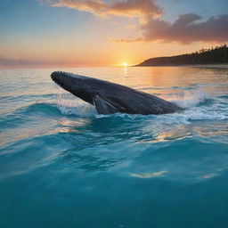 The serene beach vista now includes an awe-inspiring sight: a majestic whale breaks the surface of the turquoise waters close to the shore under the radiant sunset