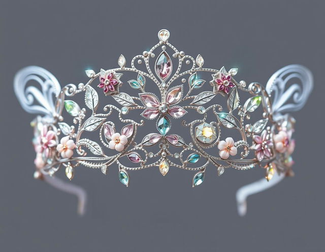 An exquisite tiara designed for a fae princess, crafted from shimmering silver filigree that intricately weaves around delicate motifs of leaves and flowers