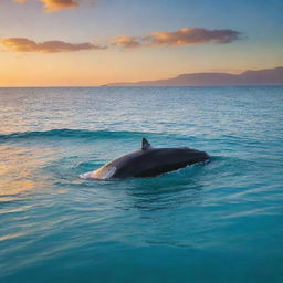 The serene beach vista now includes an awe-inspiring sight: a majestic whale breaks the surface of the turquoise waters close to the shore under the radiant sunset