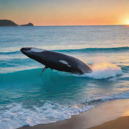 The serene beach vista now includes an awe-inspiring sight: a majestic whale breaks the surface of the turquoise waters close to the shore under the radiant sunset