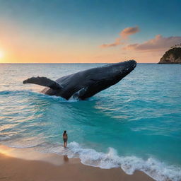 Reimagine the serene beach vista with the colossal figure of a whale, its size dwarfing the landscape, breaking the surface of the turquoise waters