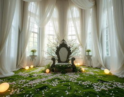 A light and airy faerie throne room, characterized by tall, delicate archways and large windows that let in a cascade of natural light