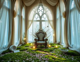 A light and airy faerie throne room, characterized by tall, delicate archways and large windows that let in a cascade of natural light