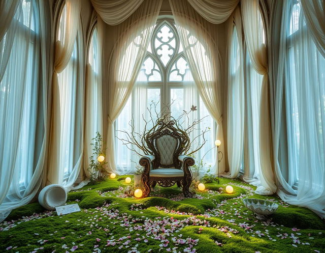 A light and airy faerie throne room, characterized by tall, delicate archways and large windows that let in a cascade of natural light