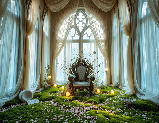 A light and airy faerie throne room, characterized by tall, delicate archways and large windows that let in a cascade of natural light