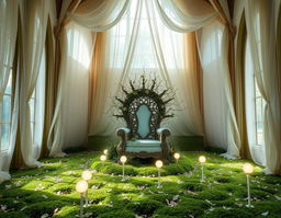 A light and airy faerie throne room, characterized by tall, delicate archways and large windows that let in a cascade of natural light