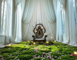 A light and airy faerie throne room, characterized by tall, delicate archways and large windows that let in a cascade of natural light