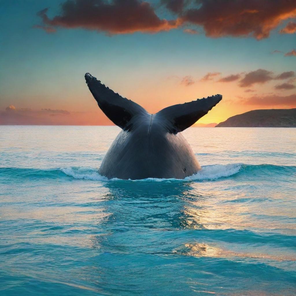 Reimagine the serene beach vista with the colossal figure of a whale, its size dwarfing the landscape, breaking the surface of the turquoise waters