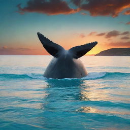 Reimagine the serene beach vista with the colossal figure of a whale, its size dwarfing the landscape, breaking the surface of the turquoise waters