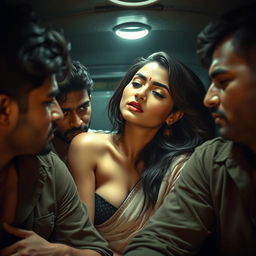 A sultry portrayal of a Bengali woman in a dramatic and sensual scene, set within the dimly lit interior of a truck