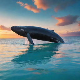 Reimagine the serene beach vista with the colossal figure of a whale, its size dwarfing the landscape, breaking the surface of the turquoise waters