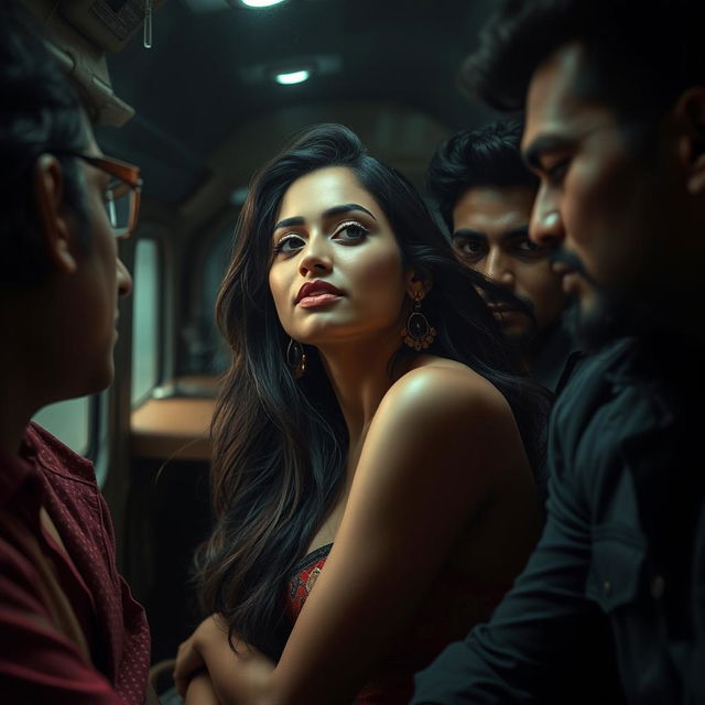 A sultry portrayal of a Bengali woman in a dramatic and sensual scene, set within the dimly lit interior of a truck