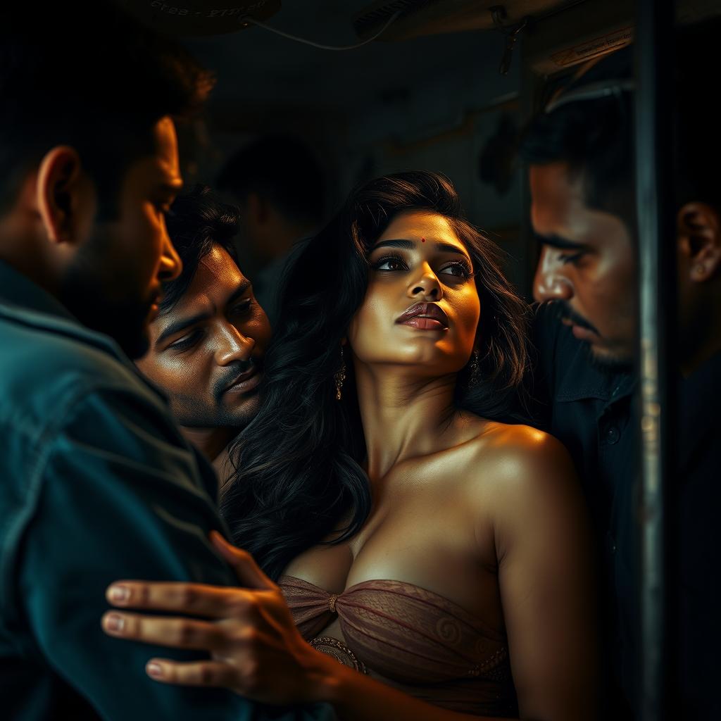 A sultry portrayal of a Bengali woman in a dramatic and sensual scene, set within the dimly lit interior of a truck