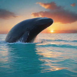 Reimagine the serene beach vista with the colossal figure of a whale, its size dwarfing the landscape, breaking the surface of the turquoise waters