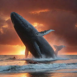 Alter the tranquil beach scene, adding a suspenseful twist: the gigantic whale, in a display of its immense power, angrily smashing a ship under the fiery sunset sky