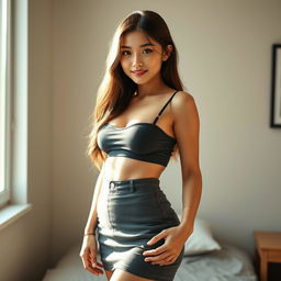 A sexy 20-year-old Asian student wearing a stylish casual outfit, featuring a fitted top and a skirt that complements her figure beautifully