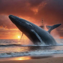 Alter the tranquil beach scene, adding a suspenseful twist: the gigantic whale, in a display of its immense power, angrily smashing a ship under the fiery sunset sky