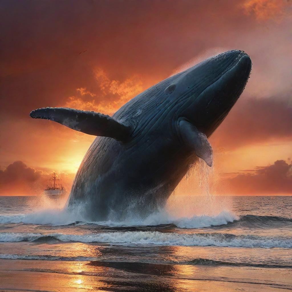 Alter the tranquil beach scene, adding a suspenseful twist: the gigantic whale, in a display of its immense power, angrily smashing a ship under the fiery sunset sky