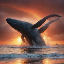 Alter the tranquil beach scene, adding a suspenseful twist: the gigantic whale, in a display of its immense power, angrily smashing a ship under the fiery sunset sky