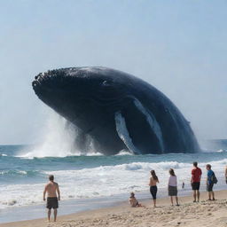 The serene beach vista is now charged with fear and chaos: the onlookers on the beach start to scatter and flee in panic upon witnessing the giant angry whale destroying the ship