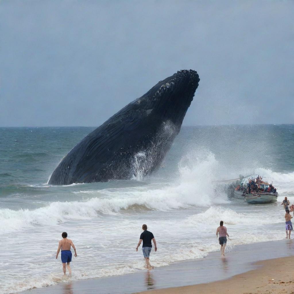 The serene beach vista is now charged with fear and chaos: the onlookers on the beach start to scatter and flee in panic upon witnessing the giant angry whale destroying the ship