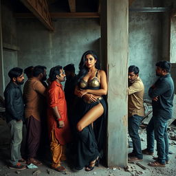 A sultry Indian woman, resembling Nushrat Bharucha, depicted in an artistic and provocative manner, surrounded by a group of Indian men in a dramatic embrace