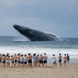 The serene beach vista is now charged with fear and chaos: the onlookers on the beach start to scatter and flee in panic upon witnessing the giant angry whale destroying the ship