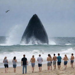 The serene beach vista is now charged with fear and chaos: the onlookers on the beach start to scatter and flee in panic upon witnessing the giant angry whale destroying the ship