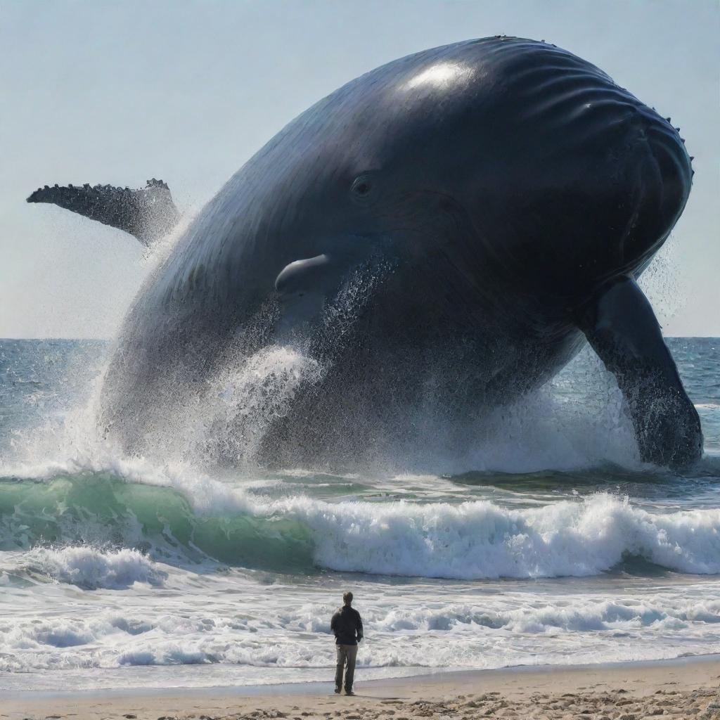 Reinvent the beach chaos scene, where the whale has grown to an even more colossal size, its sheer magnitude creating an ineffable spectacle that dwarfs everything else around it as it rampages in the ocean