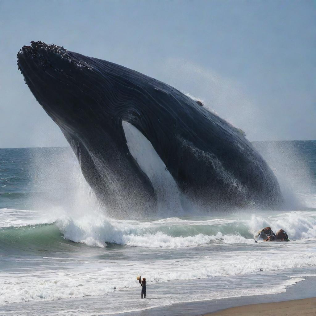 Reinvent the beach chaos scene, where the whale has grown to an even more colossal size, its sheer magnitude creating an ineffable spectacle that dwarfs everything else around it as it rampages in the ocean